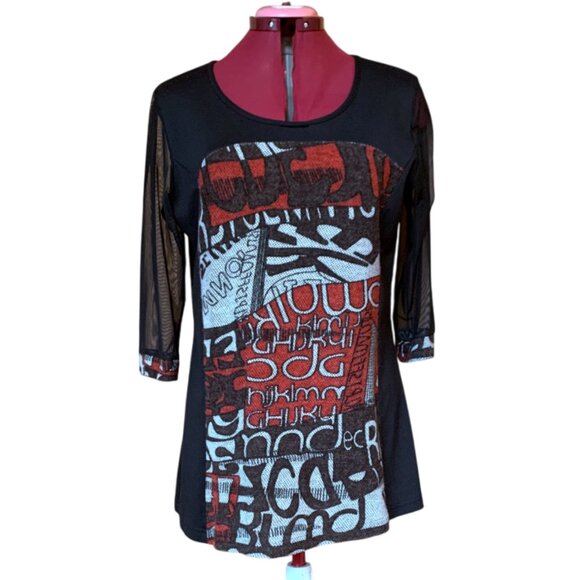 ARDOISE -  Black Red Abstract Tunic Top – Size Small - Picture 1 of 7